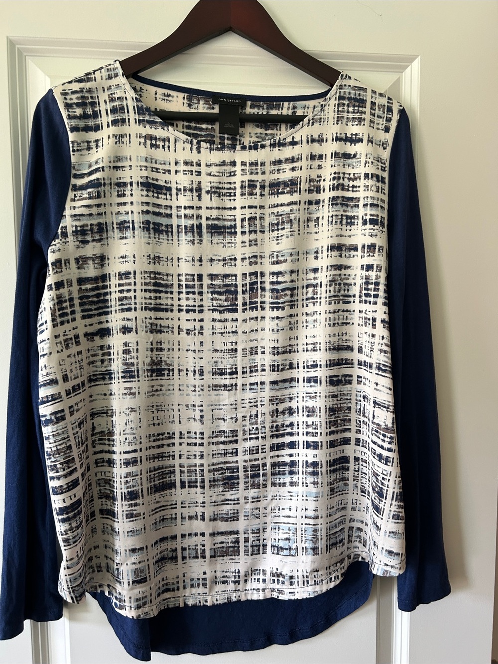 Ann Taylor Navy and White Grid-Print Long Sleeve Blouse